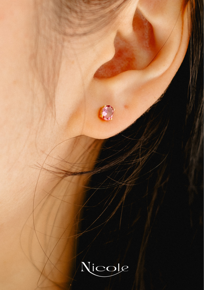 Pink Tourmaline stud Earrings - 9K Solid Gold