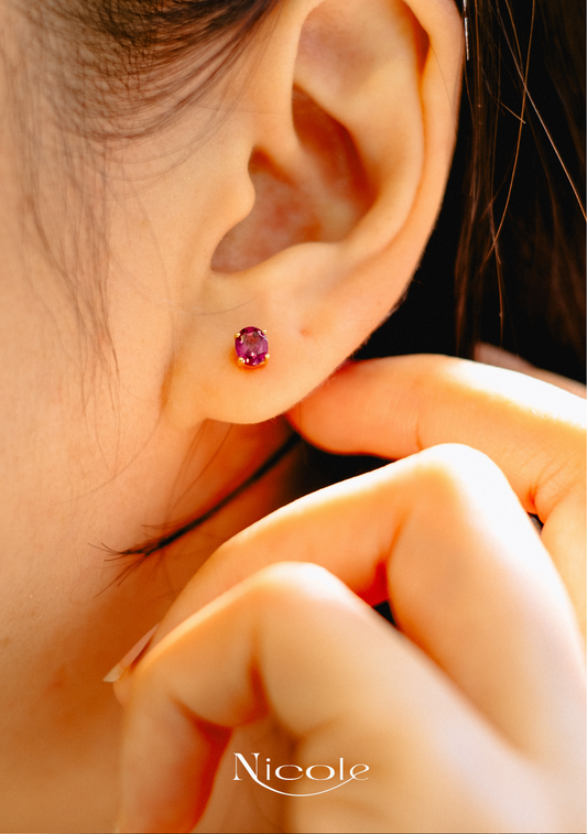 Rhodolite Garnet stud Earrings - 9K Solid Gold